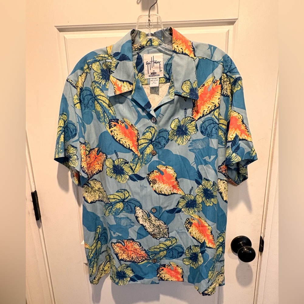 Guy Harvey Blue and Orange Tropical Men's Shirt 100% silk